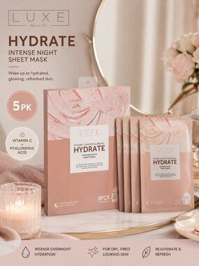 LUXE Beauty Hydrate Intense Night Sheet Mask 5PK Vitamin C Hyaluronic